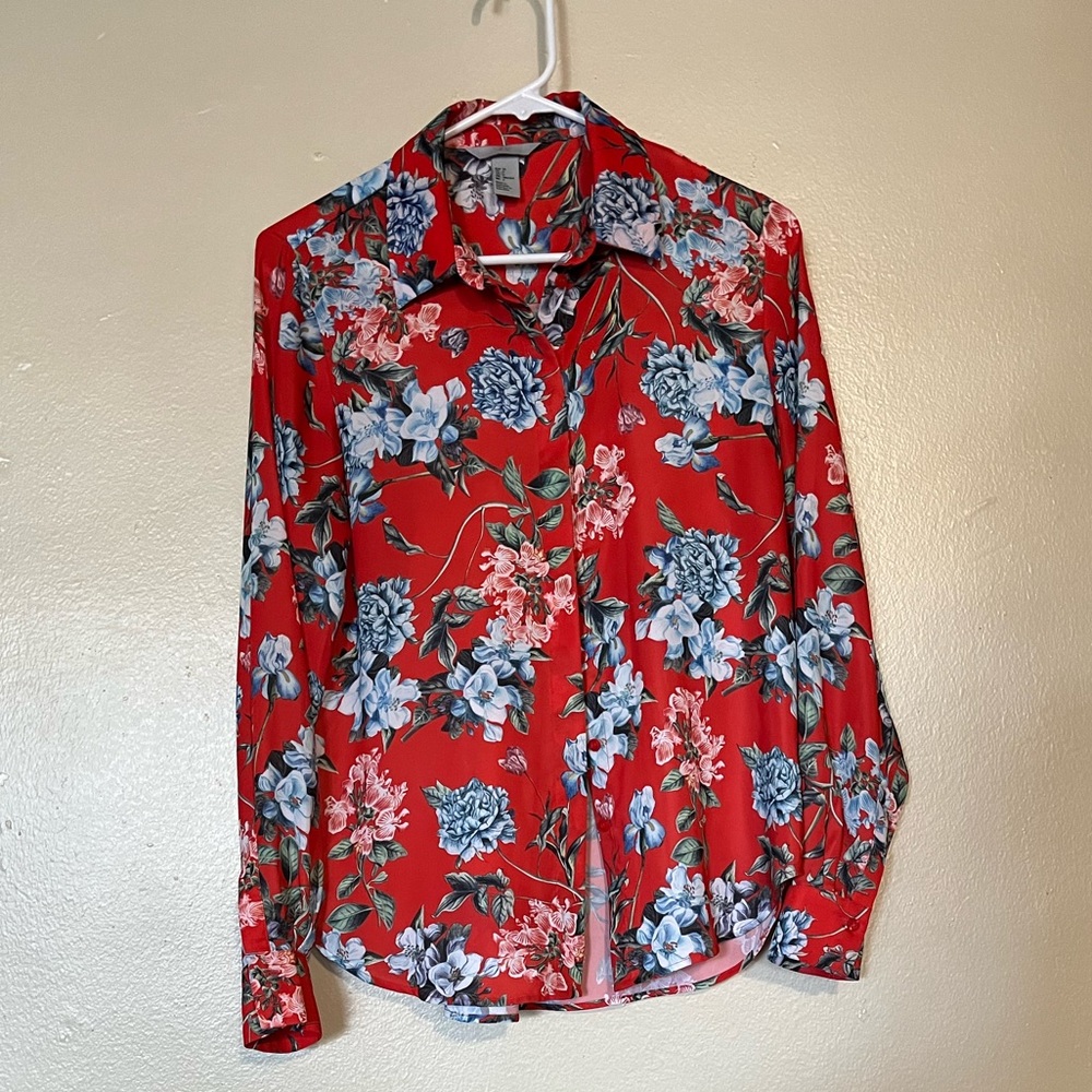 H&M Women’s Buttons Long Sleeve Multi Color Shirt red, blue
